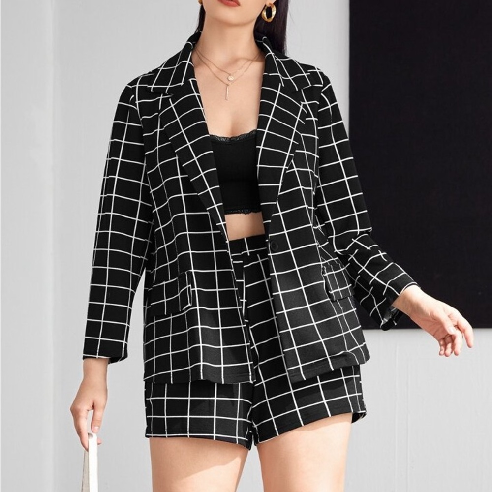 Grid Print Blazer & Short Matching Set